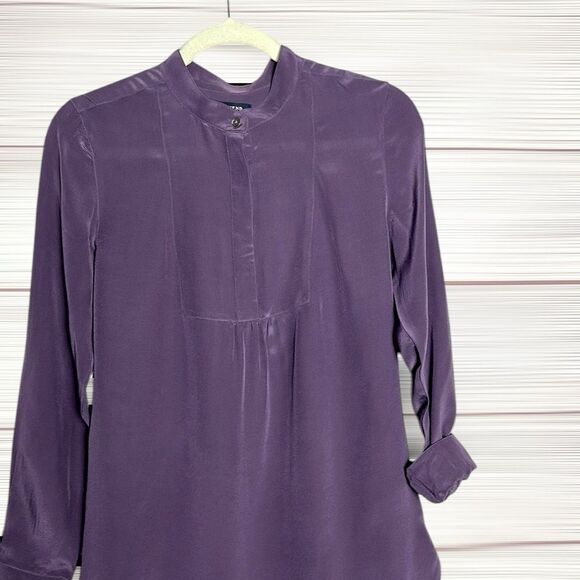 Land’s End Washable Silk Blouse Tunic Top Purple Long Sleeve Mandarin Collar US4 - Picture 2 of 13